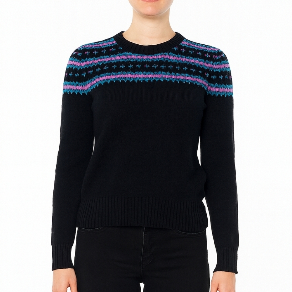 Demetre Womens Black Vintage Puff Sleeve Sweater Size L Fair Isles Ski 80s